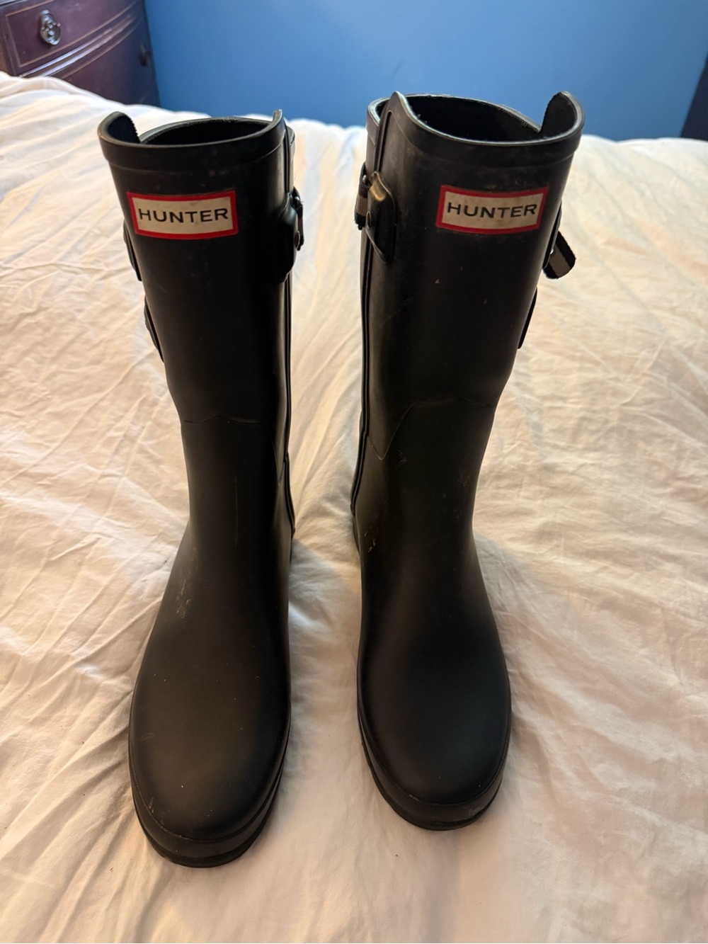 Hunter Black Mid-Calf Rain Boots with Red Logo